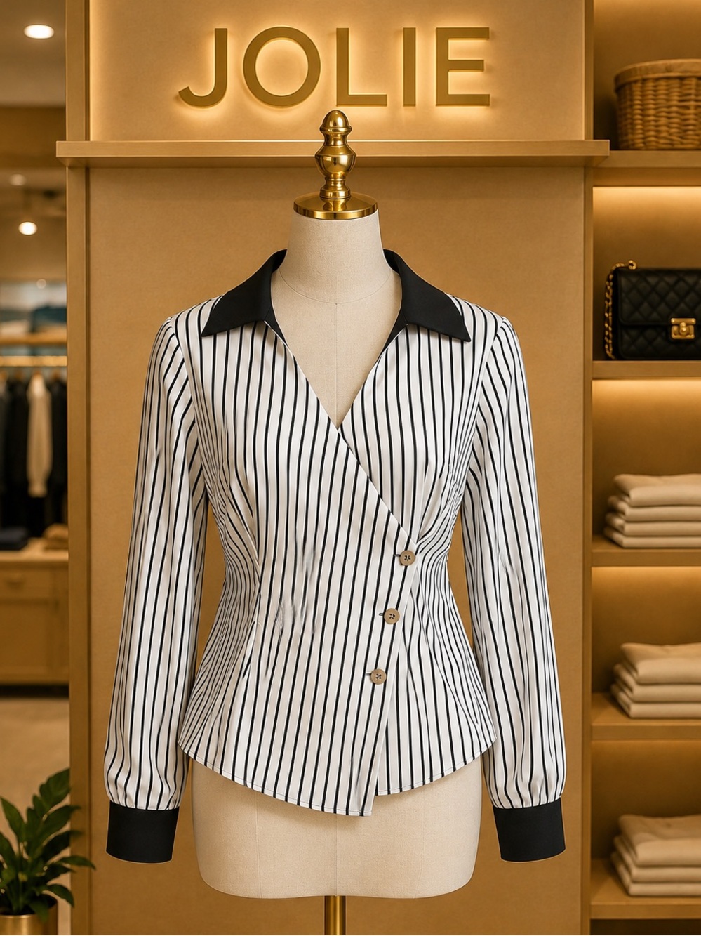 Jolie Black-and-White Vertical-Stripe Wrap Blazer